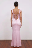 Pink Prom Dress Satin Ruffled Backless Mermaid Party Dress-Pgmdress