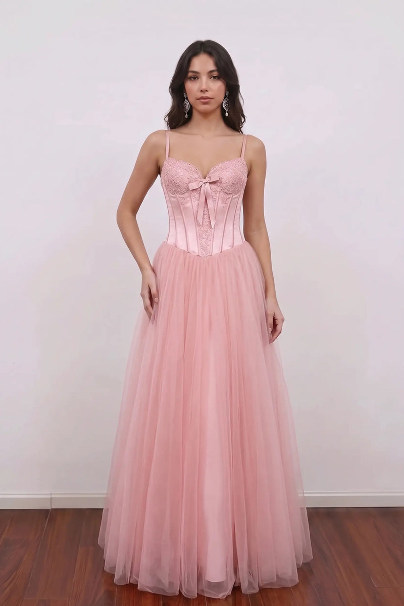 Pink Prom Dress Spaghetti Strap Corset Tulle Long Formal Gown-Pgmdress