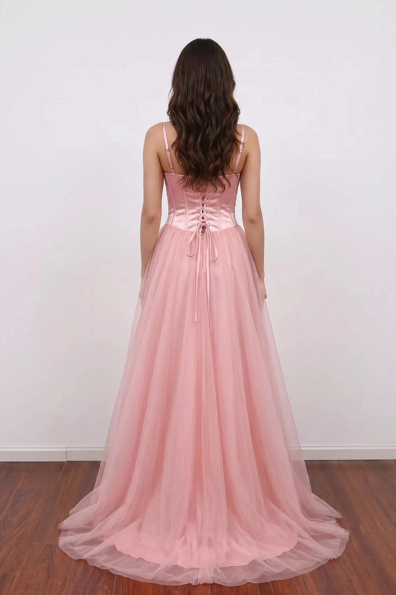 Pink Prom Dress Spaghetti Strap Corset Tulle Long Formal Gown-Pgmdress
