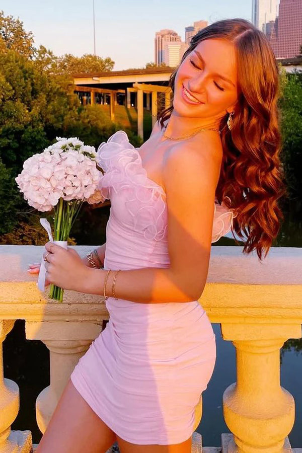 Pink Strapless Ruffles Pleated Mini Bodycon Homecoming Dress-Pgmdress