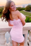 Pink Strapless Ruffles Pleated Mini Bodycon Homecoming Dress-Pgmdress