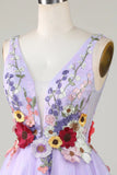 Plunging Neck Floral Lavender Homecoming Dress With 3D Flowers-Pgmdress