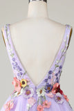 Plunging Neck Floral Lavender Homecoming Dress With 3D Flowers-Pgmdress