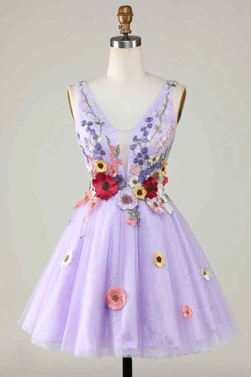 Plunging Neck Floral Lavender Homecoming Dress With 3D Flowers-Pgmdress