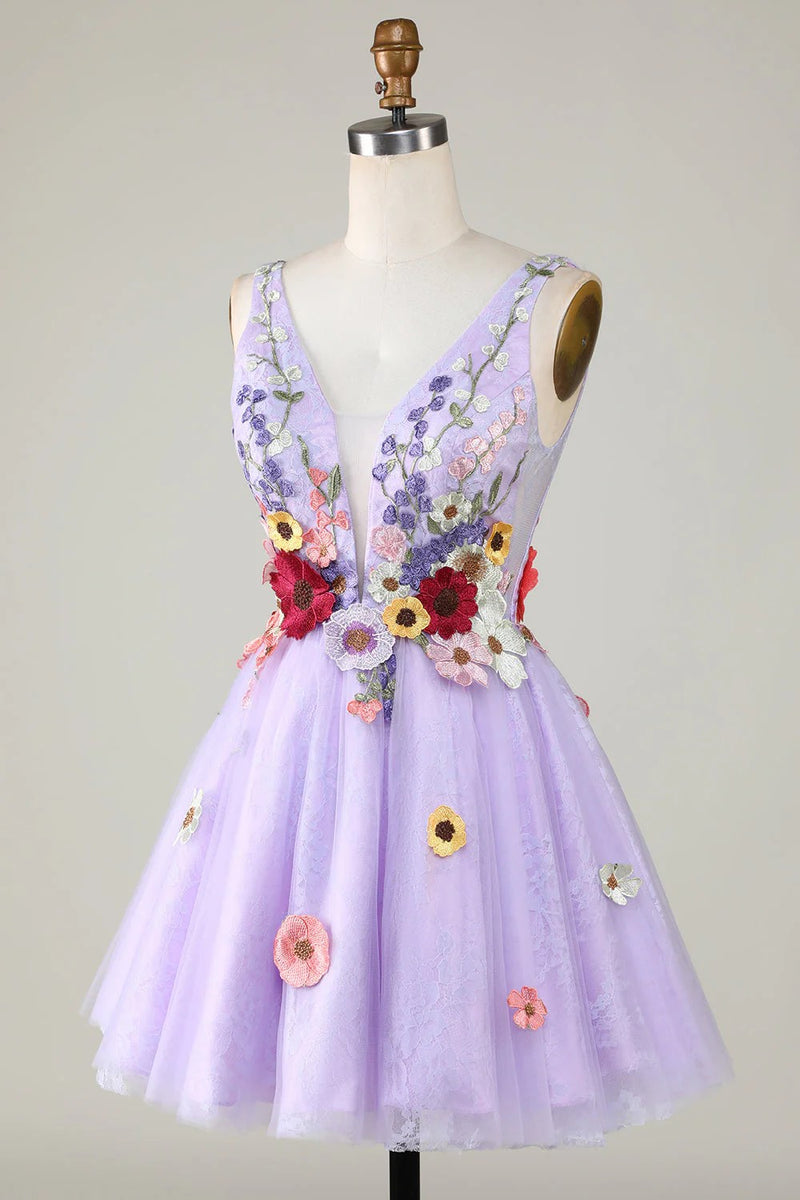 Plunging Neck Floral Lavender Homecoming Dress With 3D Flowers-Pgmdress
