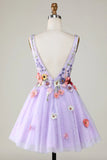 Plunging Neck Floral Lavender Homecoming Dress With 3D Flowers-Pgmdress