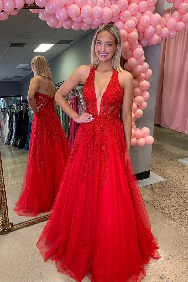 Plunging V-neck Beaded Lace Applique Red Long Prom Dress PSK707-Pgmdress