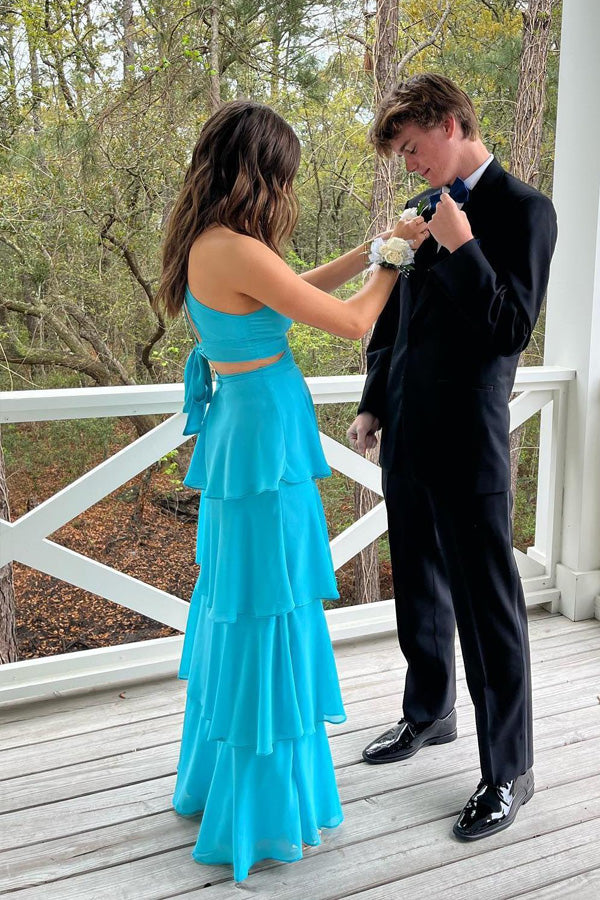 Pretty Cutouts Tiered Chiffon Blue Prom Dress Party Dress PSK610-Pgmdress