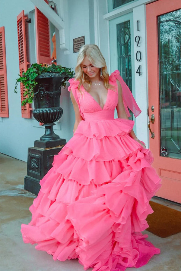 Princess A-Line V-Neck Fuchsia Prom Dress Party Dress With Slit PSK649-Pgmdress