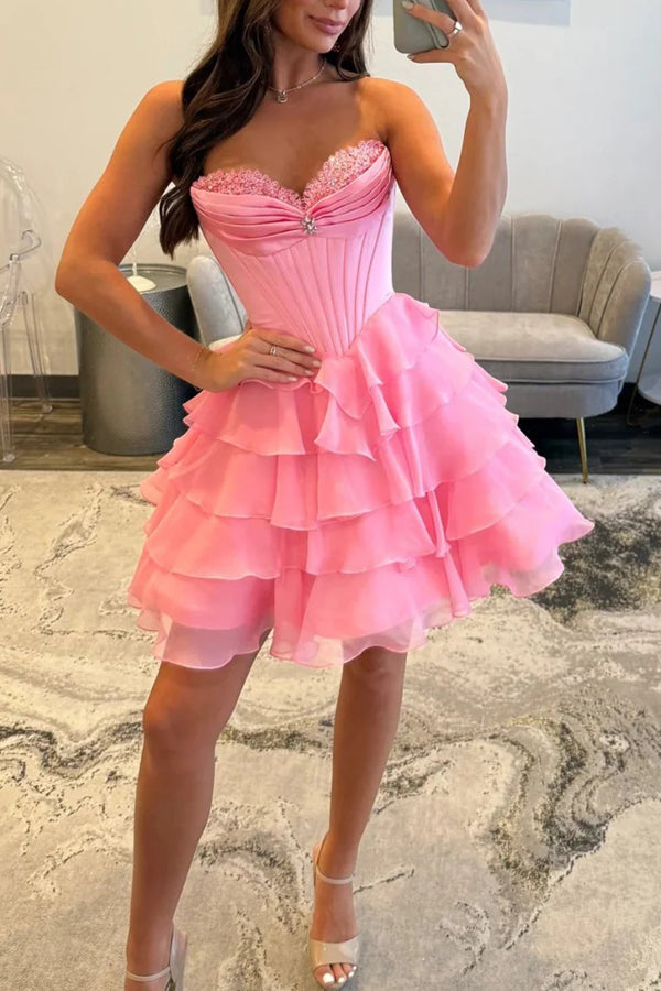 Princess A Line Strapless Corset Homecoming Dress with Appliques US4 / Pink