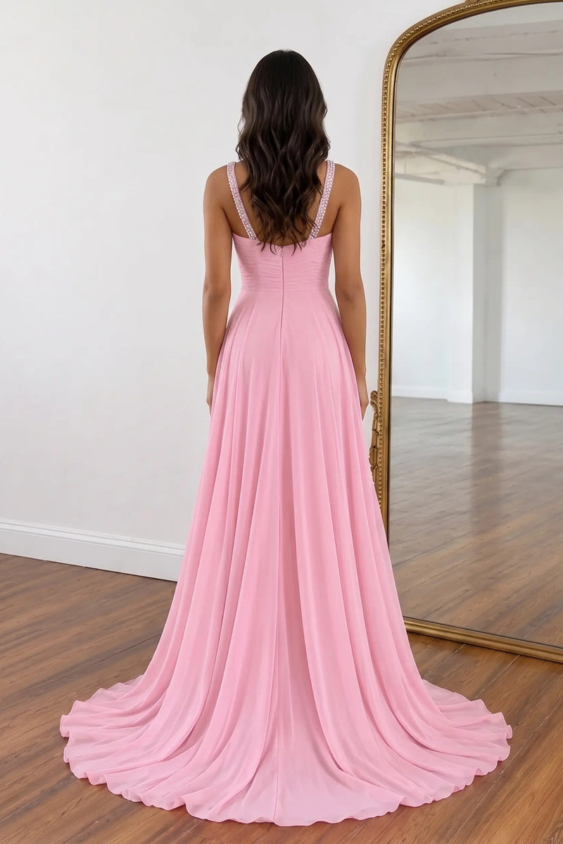 Princess Halter Chiffon Floor-Length Prom Dresses with Rhinestones-Pgmdress