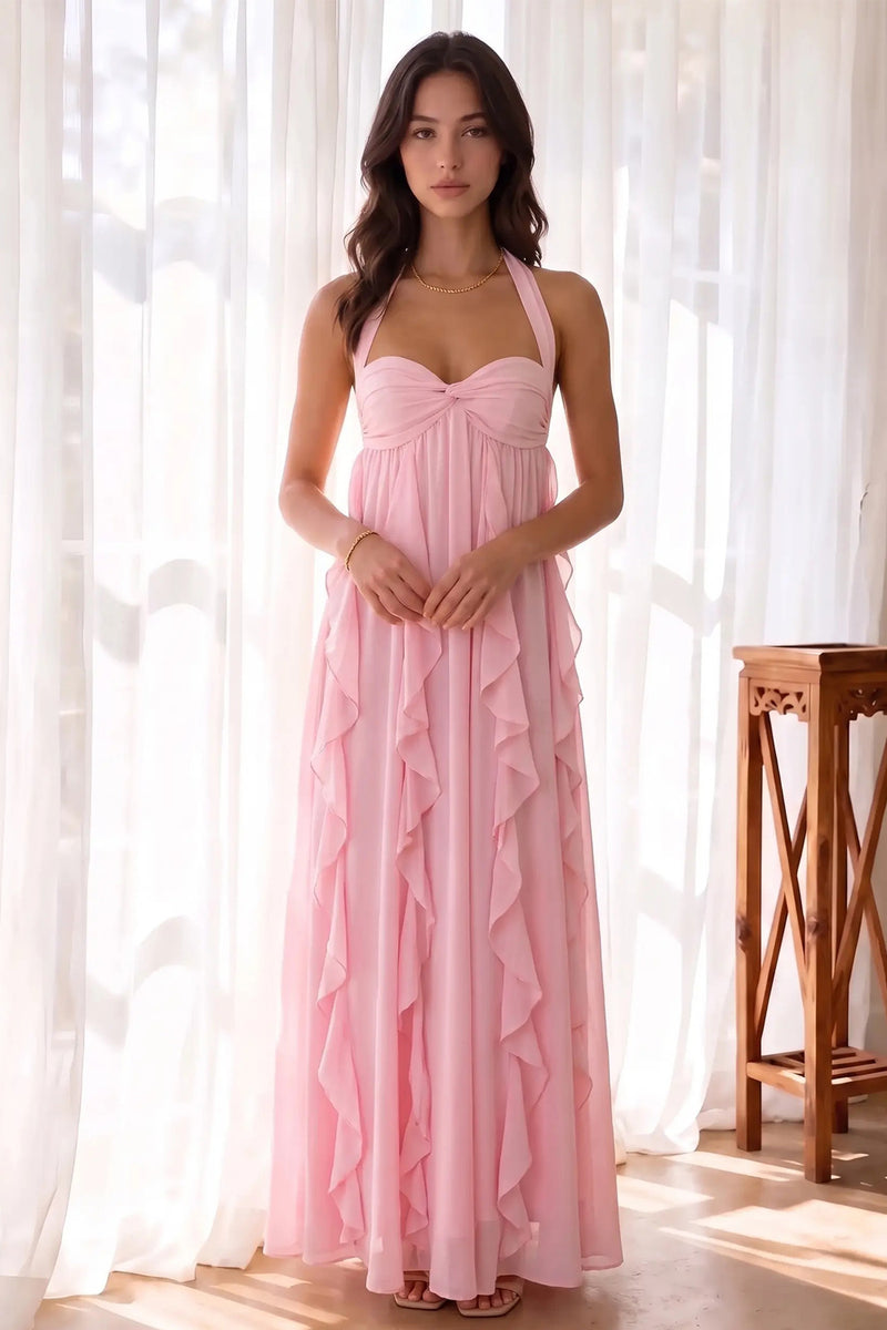 Princess Halter Floor-Length Pink Prom Dress with Ruffles & Pleats-Pgmdress