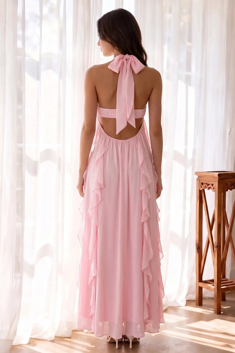 Princess Halter Floor-Length Pink Prom Dress with Ruffles & Pleats-Pgmdress