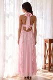 Princess Halter Floor-Length Pink Prom Dress with Ruffles & Pleats-Pgmdress