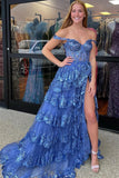 Princess Lace Tiered Stunning Blue Prom Dress With Lace Ruffles PSK516-Pgmdress