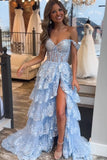 Princess Lace Tiered Stunning Blue Prom Dress With Lace Ruffles PSK516-Pgmdress