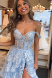 Princess Lace Tiered Stunning Blue Prom Dress With Lace Ruffles PSK516-Pgmdress