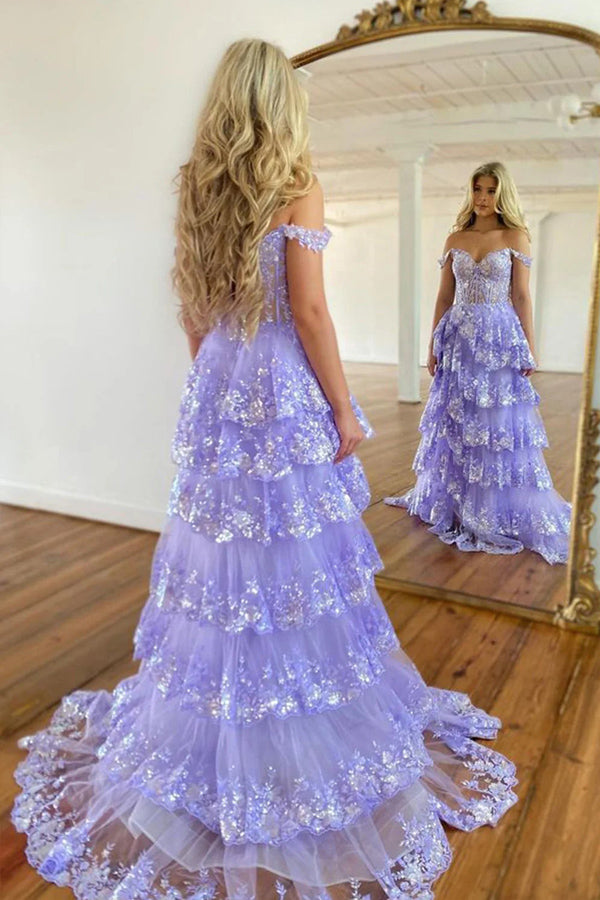 Purple lace up corset prom dress