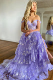 Princess Lace Tiered Stunning Purple Prom Dress With Lace Ruffles PSK517