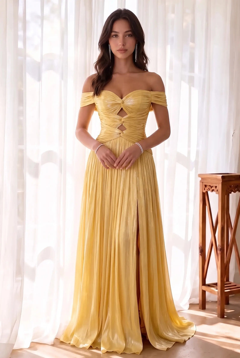 Princess Off Shoulder Crinkle Chiffon Pleated Prom Dress with High Slit-Pgmdress