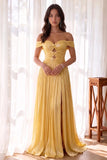 Princess Off Shoulder Crinkle Chiffon Pleated Prom Dress with High Slit-Pgmdress