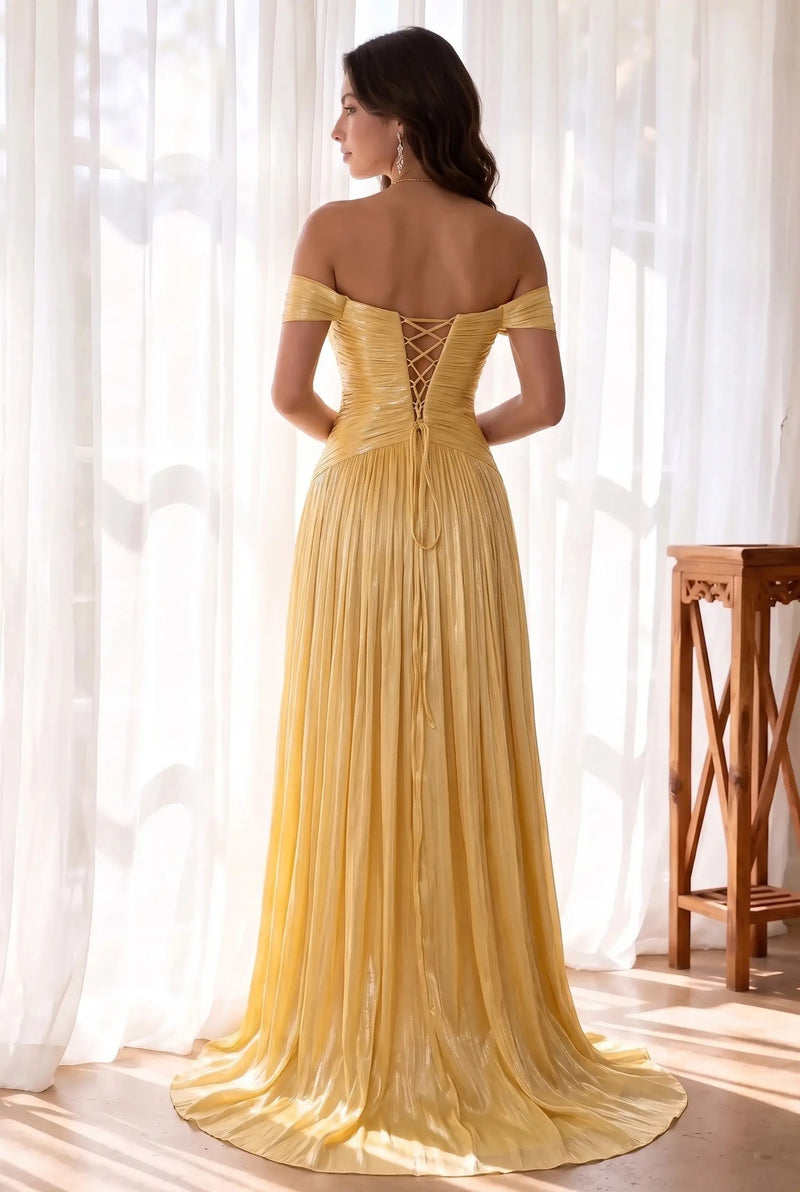 Princess Off Shoulder Crinkle Chiffon Pleated Prom Dress with High Slit-Pgmdress