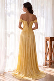 Princess Off Shoulder Crinkle Chiffon Pleated Prom Dress with High Slit-Pgmdress
