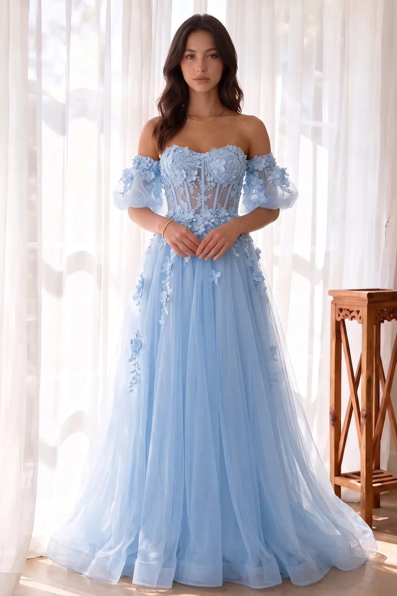 Princess Off Shoulder Tulle 3D Flowers Floor-Length Prom Dress-Pgmdress