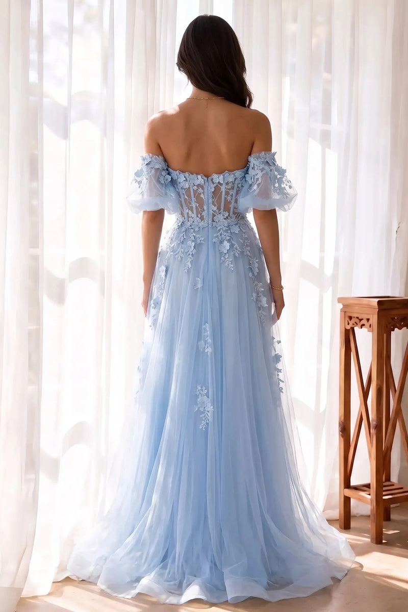 Princess Off Shoulder Tulle 3D Flowers Floor-Length Prom Dress-Pgmdress