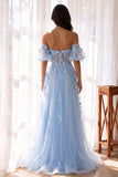 Princess Off Shoulder Tulle 3D Flowers Floor-Length Prom Dress-Pgmdress