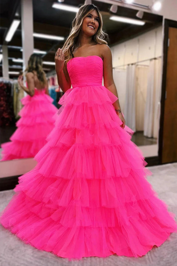 Princess Strapless Tiered Tulle Hot Pink Long Prom Dress PSK603-Pgmdress
