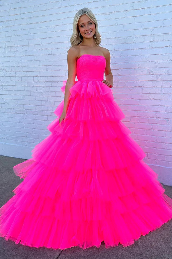 Princess Strapless Tiered Tulle Hot Pink Long Prom Dress PSK603-Pgmdress