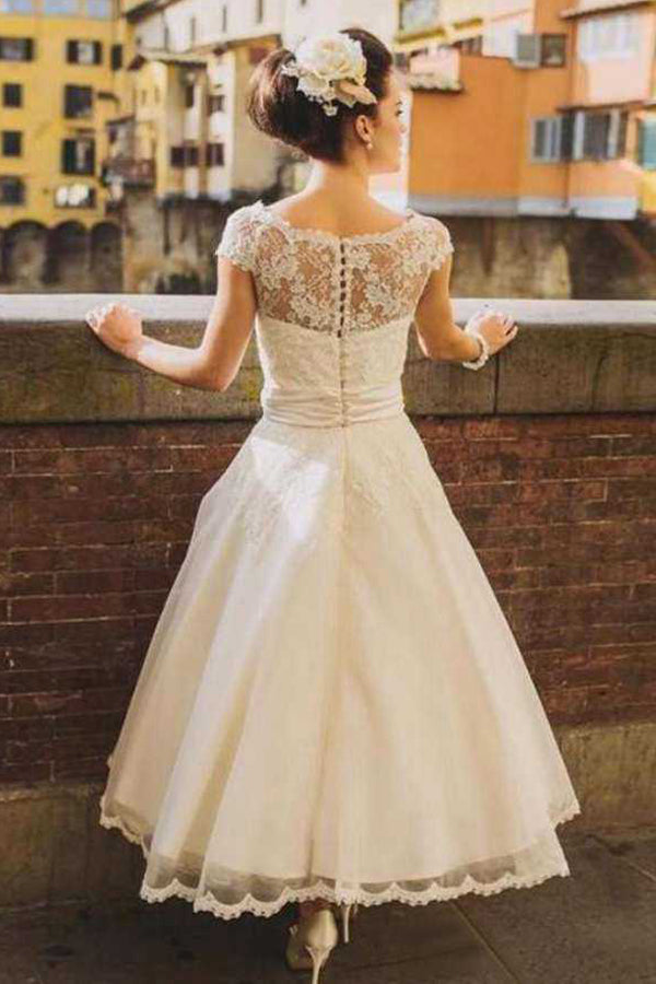 Princess Tea-Length Tulle Wedding Dresses With Appliqued Flowers WD684-Pgmdress