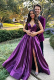 Purple Satin A-line Backless Long Prom Dress With Slit PSK521