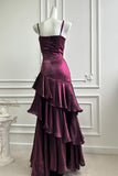 Purple Spaghetti Strap Tiered Ruffle Prom Dress Elegant Ruched Gown-Pgmdress