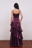 Purple Spaghetti Strap Tiered Ruffle Prom Dress Elegant Ruched Gown-Pgmdress
