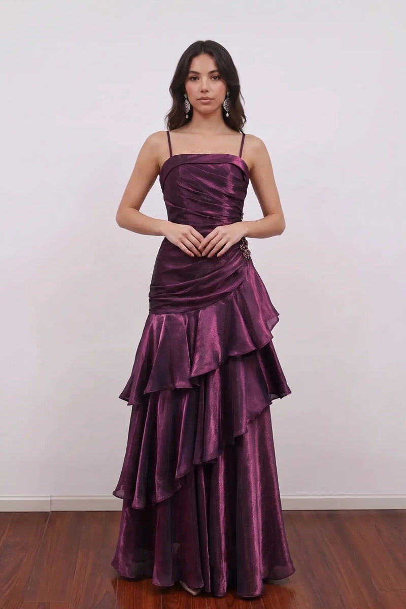 Purple Spaghetti Strap Tiered Ruffle Prom Dress Elegant Ruched Gown-Pgmdress