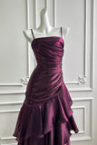 Purple Spaghetti Strap Tiered Ruffle Prom Dress Elegant Ruched Gown-Pgmdress