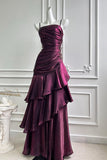 Purple Spaghetti Strap Tiered Ruffle Prom Dress Elegant Ruched Gown-Pgmdress