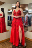Red Plunging V Neck Floral Appliques Long Prom Dress with Slit PSK485-Pgmdress