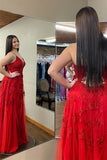 Red Plunging V Neck Floral Appliques Long Prom Dress with Slit PSK485-Pgmdress