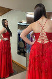 Red Plunging V Neck Floral Appliques Long Prom Dress with Slit PSK485-Pgmdress