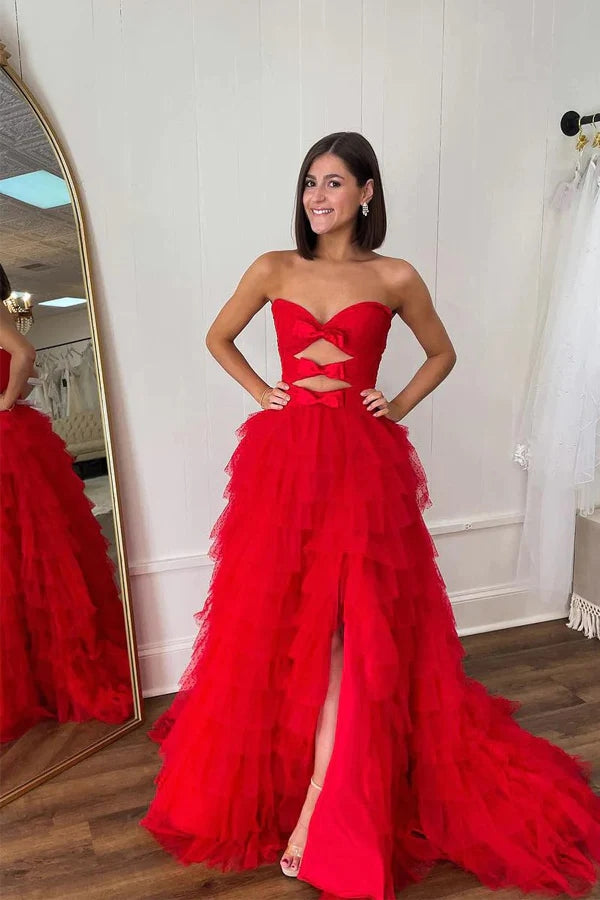 Red Strapless A-line Layers Bows Long Prom Dress with Slit  PSK513