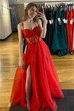 Red Straps Beaded A-Line Sparkly Prom Dress with Slit  PSK503