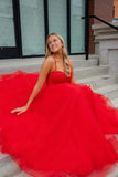 Red Straps Beaded A-Line Sparkly Prom Dress with Slit  PSK503