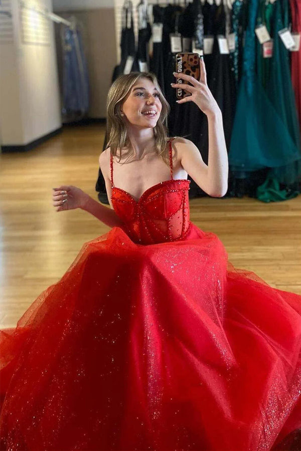 Red Straps Beaded A-Line Sparkly Prom Dress with Slit  PSK503