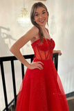 Red Straps Beaded A-Line Sparkly Prom Dress with Slit  PSK503