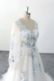 Romantic Boho Wedding Dress Blue Flower Embroidery V Neck Bridal Gown-Pgmdress