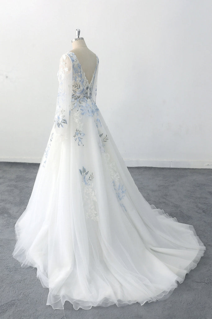 Romantic Boho Wedding Dress Blue Flower Embroidery V Neck Bridal Gown – Pgmdress