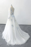 Romantic Boho Wedding Dress Blue Flower Embroidery V Neck Bridal Gown-Pgmdress